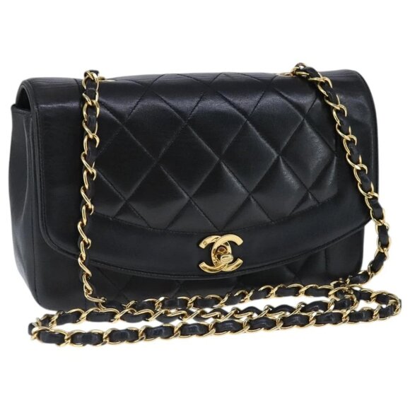 CHANEL Diana 22 Chain Shoulder Bag Lamb Skin Black Gold CC Auth PP029V - Picture 1 of 16